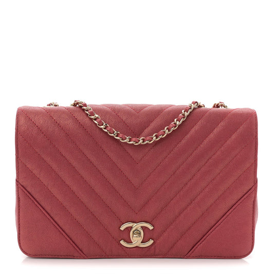 Metallic Caviar Chevron Quilted Medium Statement Flap Dark Pink