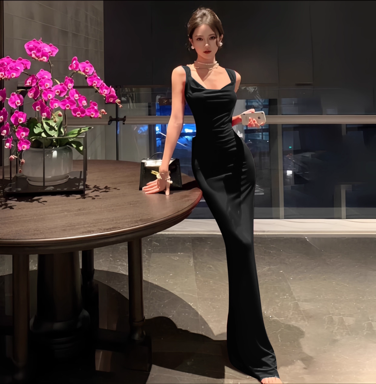 Elegant Black Bowknot Backless Mermaid Long Prom Dress Evening Dress TP4352