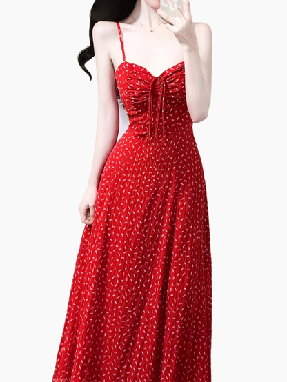 2025 summer new red floral temperament slim medium-length suspender dress R0924