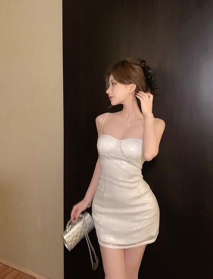 Fashion Beige Sequin Tight Design A-line Spaghetti Strap Homecoming Dress TP3688