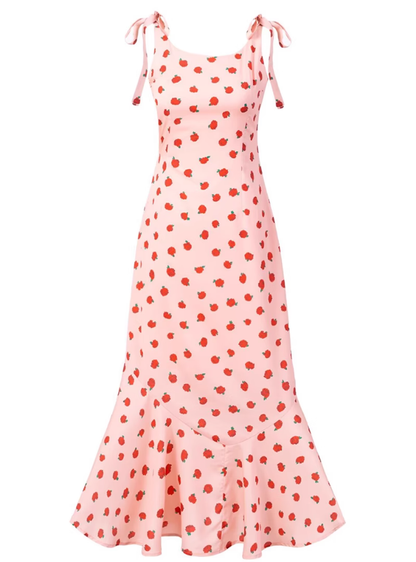 2025 Summer New Pink Floral Rose French Fishtail Long Suspender Dress R0956