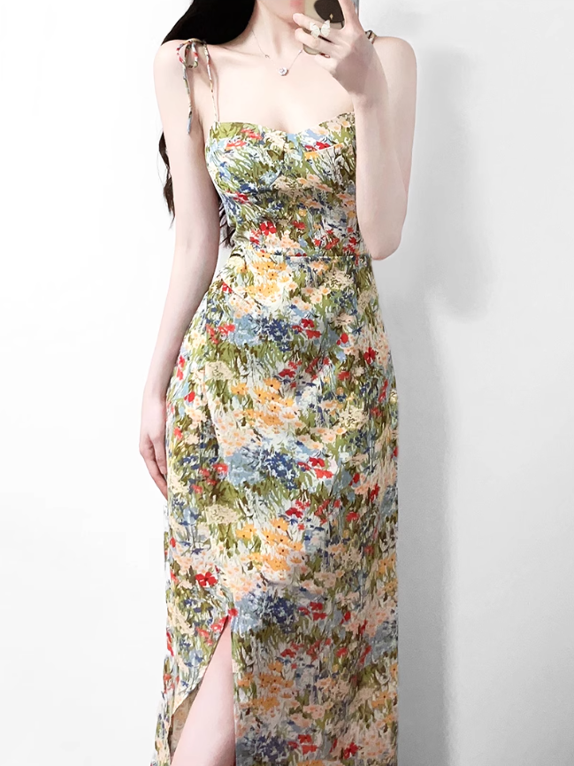 2025 summer new high waist oil painting slim waist floral holiday suspender dress R0931