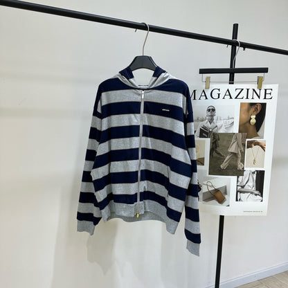 Miu 26s Striped Jersey Hoodie Blue Gray Cotton 349687
