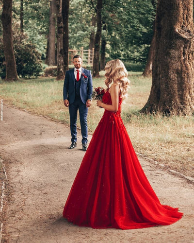 Red Halter Applique Beaded Long Prom Dresses