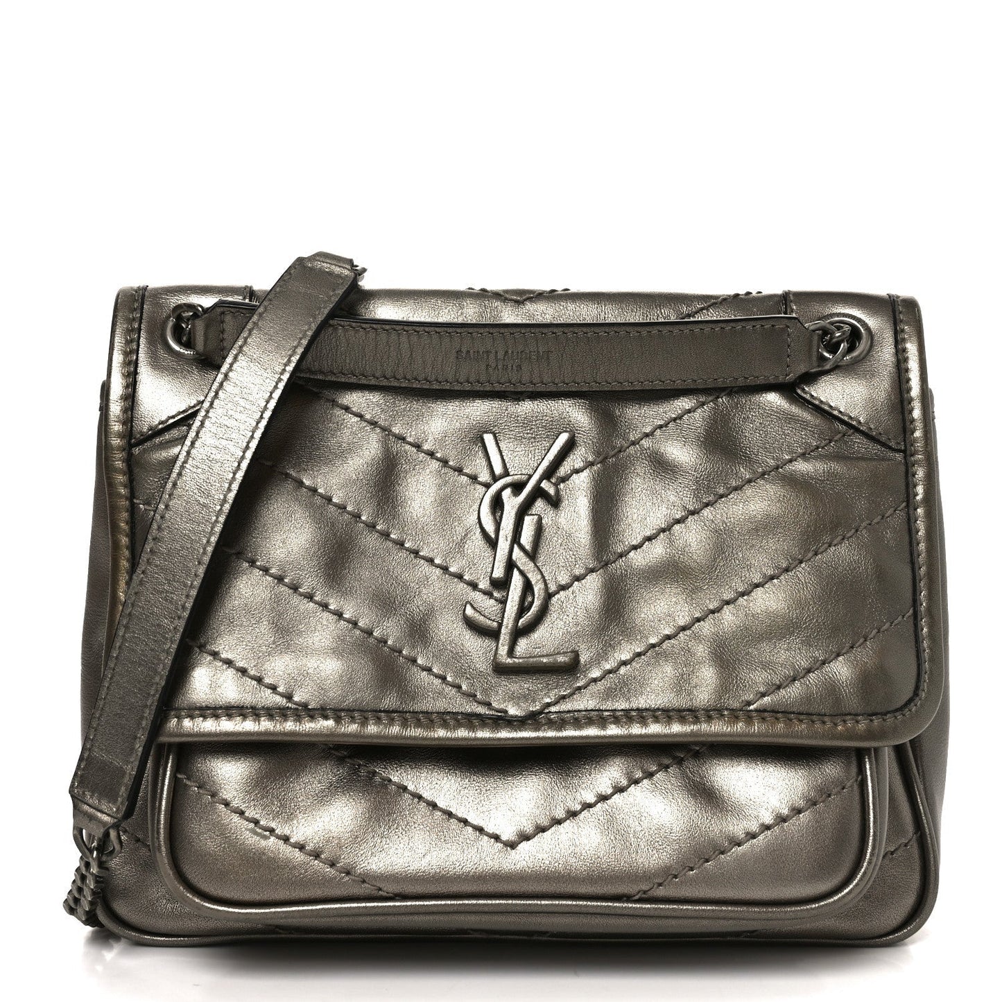 Crinkled Calfskin Matelasse Monogram Baby Niki Chain Satchel Platinum