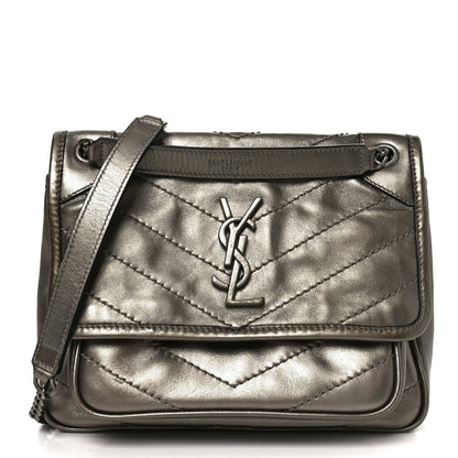 Crinkled Calfskin Matelasse Monogram Baby Niki Chain Satchel Platinum