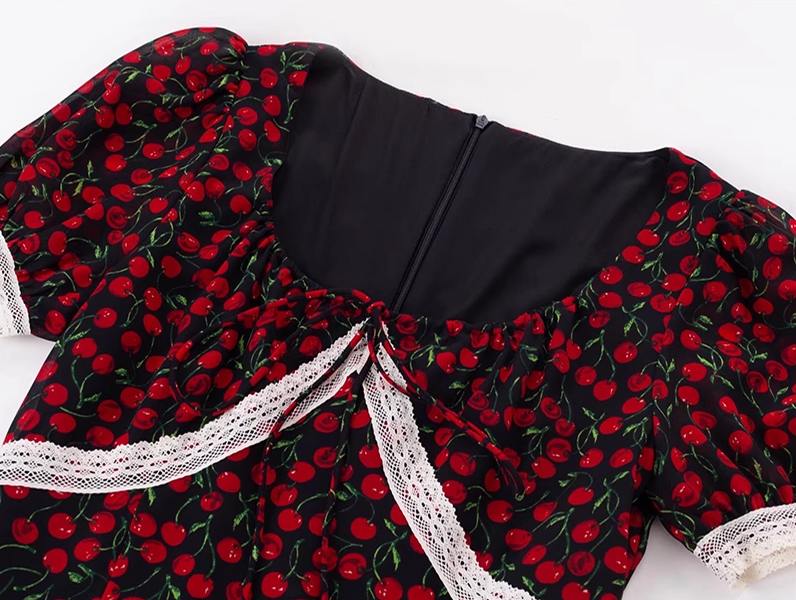 2025 Summer New French Red Cherry Floral Square Neck Short Sleeve Long Dress R0930