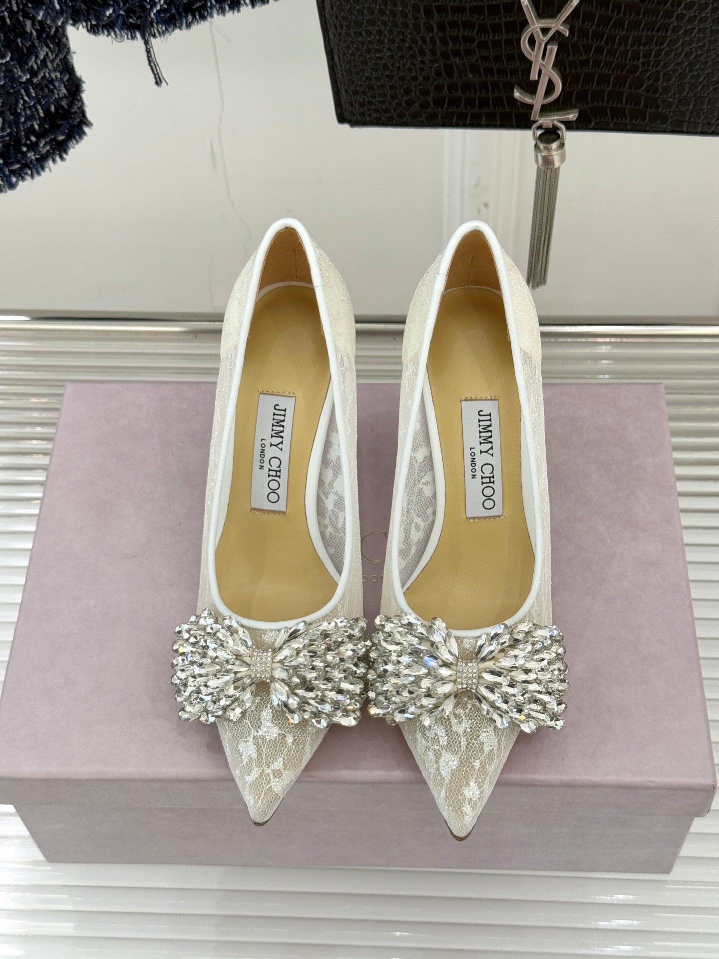 JC25WF Rhinestone Bow Pionted Toe High Heels 85 White Sheepskin 573539