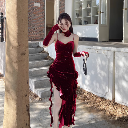 Vintage Glittering Sequin Sweetheart Spaghetti Strap Ruffled High Slit Prom Dress Evening Dress TP4350