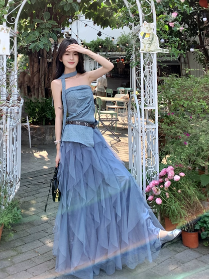 Beautiful outfit set: blue polka dot irregular tube top, mesh ruffle skirt, two-piece set R1720