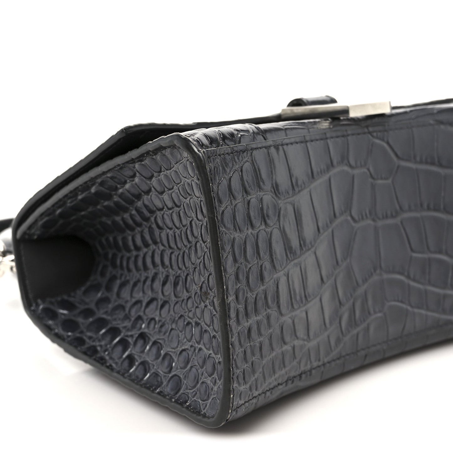 Shiny Calfskin Crocodile Embossed Small Hourglass Top Handle Bag Dark Grey