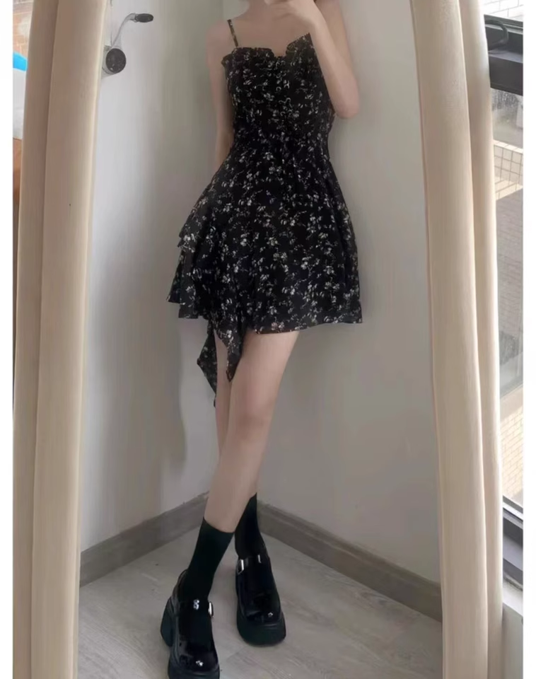 New Fashion Floral Design A-line Black High-waist Sleeveless Spaghetti Strap Dress TP3258