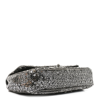 Sequin Medium Single Flap Dark Silver
