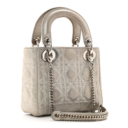 Metallic Lambskin Cannage Mini Lady Dior Silver