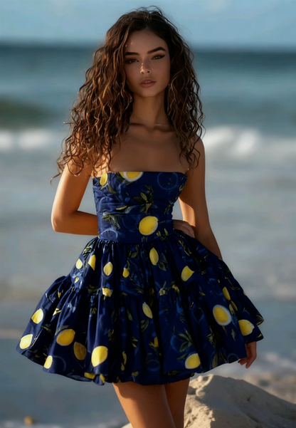 Retro Yellow Floral Tube Top Waist Puffy Skirt Homecoming Dress R3178