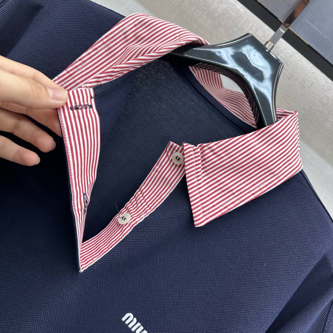 Miu SS26 Piqué Oversize Polo Shirt Navy Blue Cotton 350370