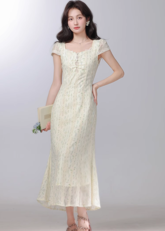 2025 new style gentle style floral dress female waist long skirt R1968