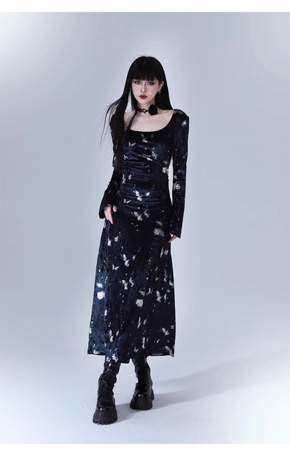 New Fashion Butterfly Pattern Design Sense Navy Blue Long-sleeved Dress TP2939
