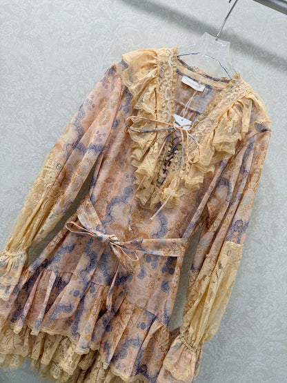 Zimmermann Rebellion Lace-Up Mini Dress Tan Floral Cotton 335960