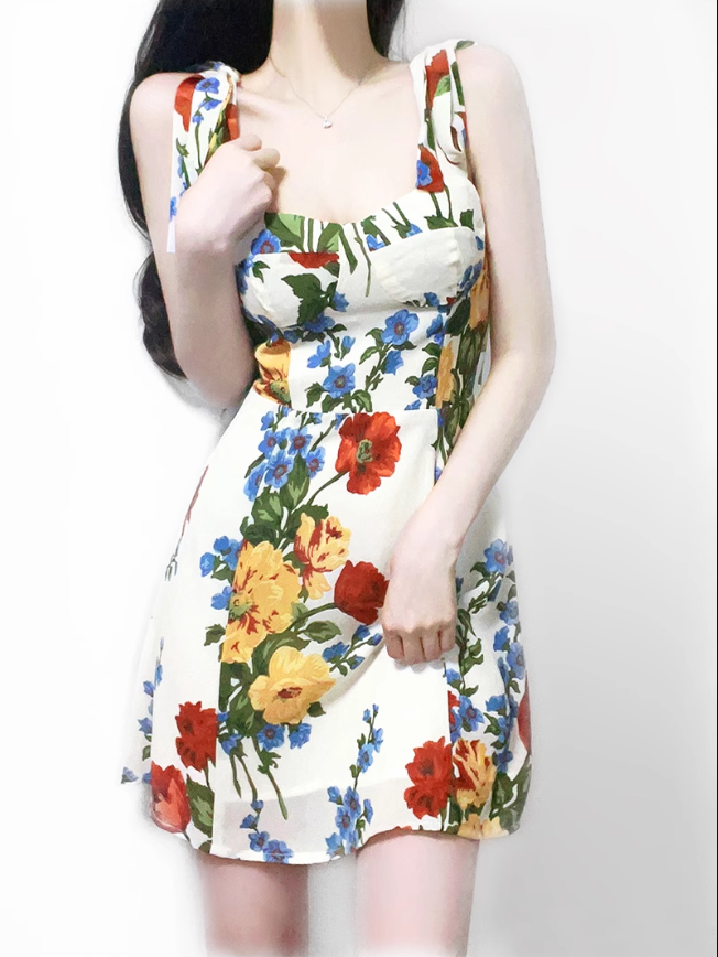 2025 Summer New French Waist Sexy Printed Short Holiday Suspender Dress R0972