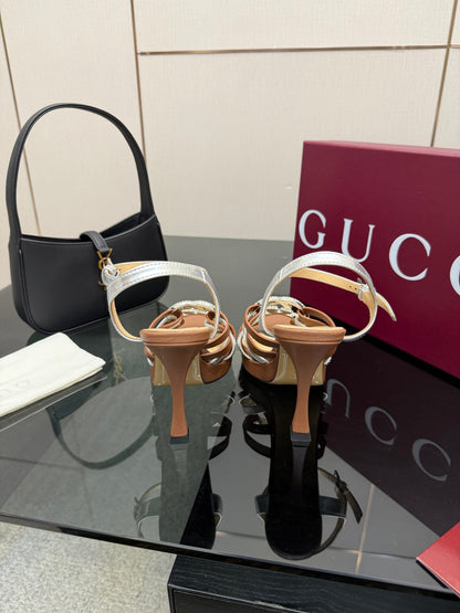 GG Pump 10.5cm With Crystal Interlocking G Brown Sliver Leather