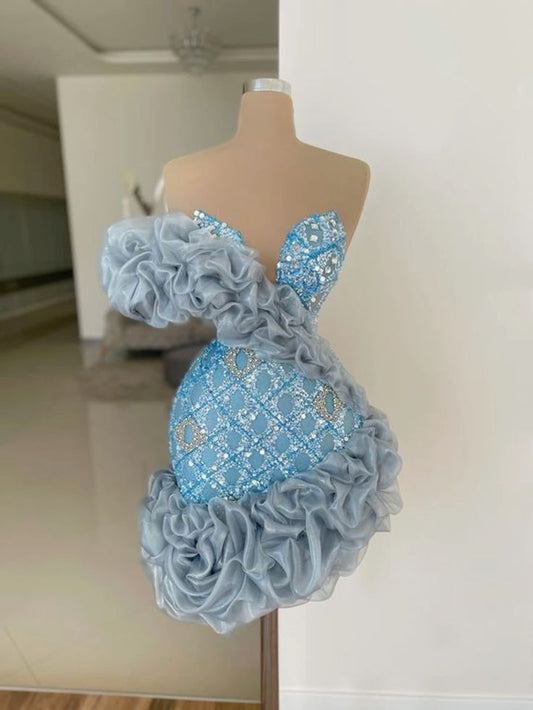 Blue tube top asymmetrical waist sexy sequined hip skirt homecoming dress R4107