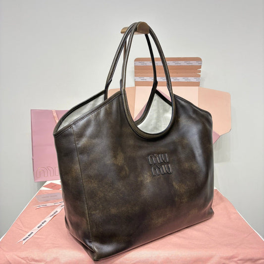 Miu IVY Leather Tote Bag Coffee Brown Nappa Leather