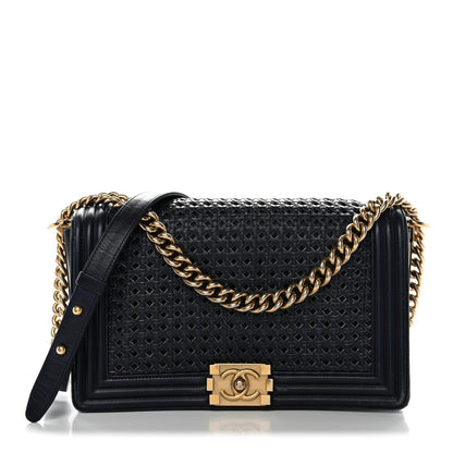Lambskin Braided Woven Medium Boy Flap Navy Black
