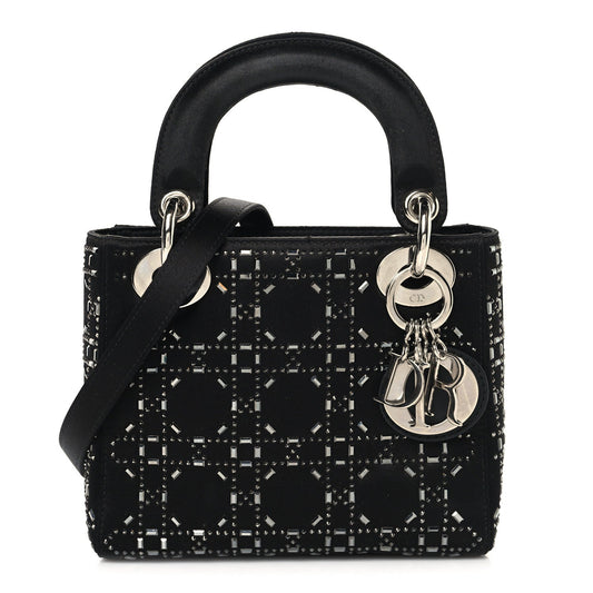 Satin Crystal Cannage Mini Lady Dior Black
