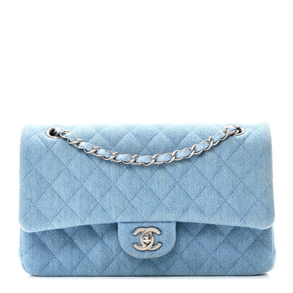 Denim Quilted Medium Double Flap Light Blue
