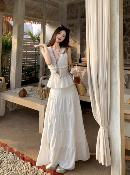 Fairy's complete outfit: strappy v-neck lace vest skirt two-piece set R1738