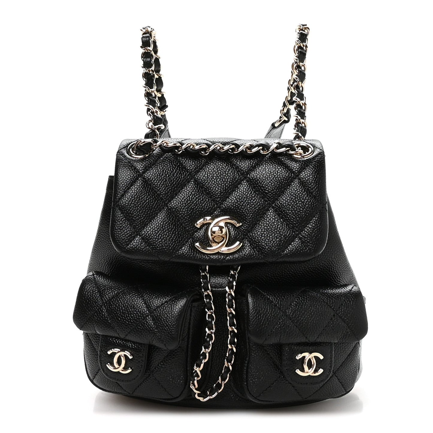 Shiny Caviar Quilted Small Duma Pockets Drawstring Backpack Black