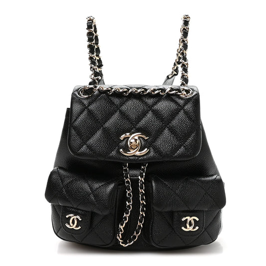 Shiny Caviar Quilted Small Duma Pockets Drawstring Backpack Black