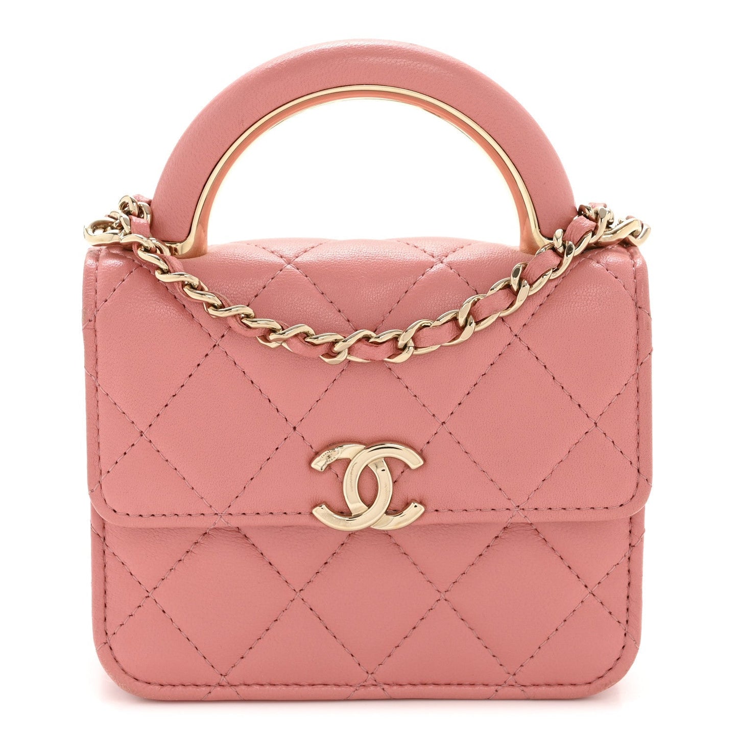 Lambskin Quilted Top Handle Flap Clutch With Chain Pink