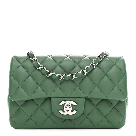Lambskin Quilted Mini Rectangular Flap Dark Green