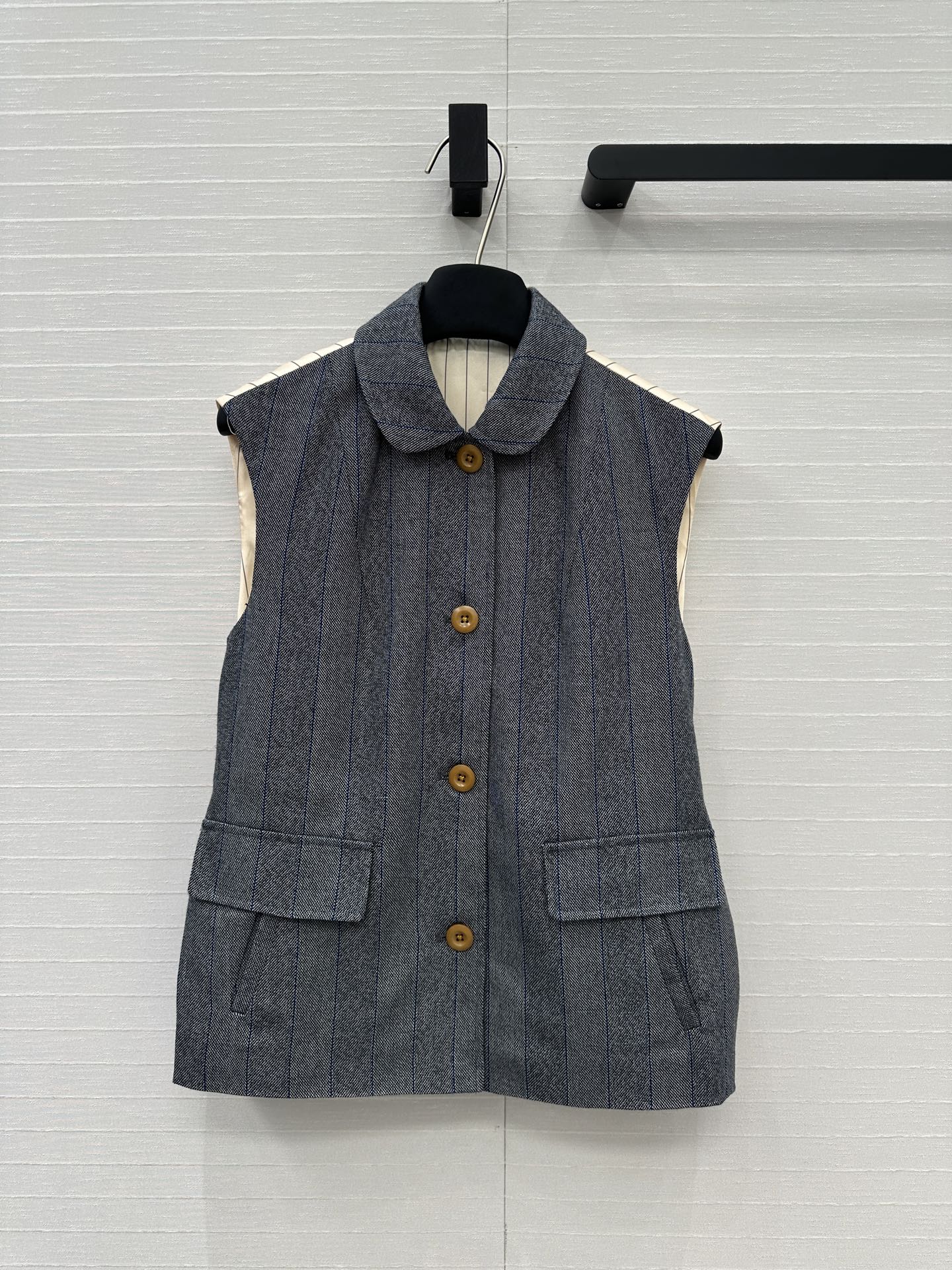 Prada 25 Striped Vest Jacket Grey Wool Cotton Polyester