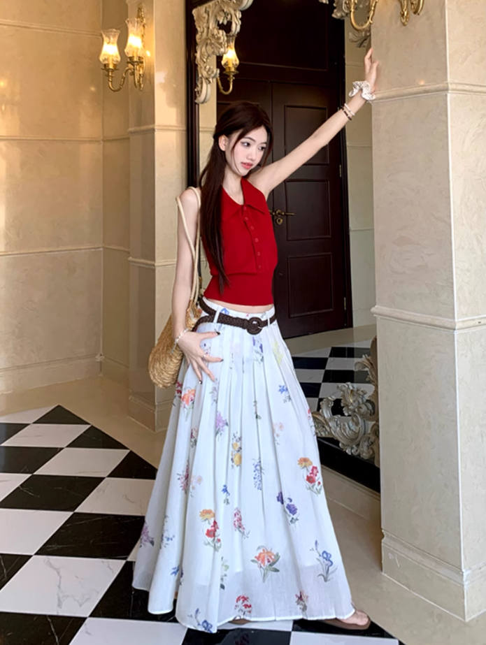 Date suit red sleeveless backless sweater printed skirt rich feeling outfit two piece suit R1744