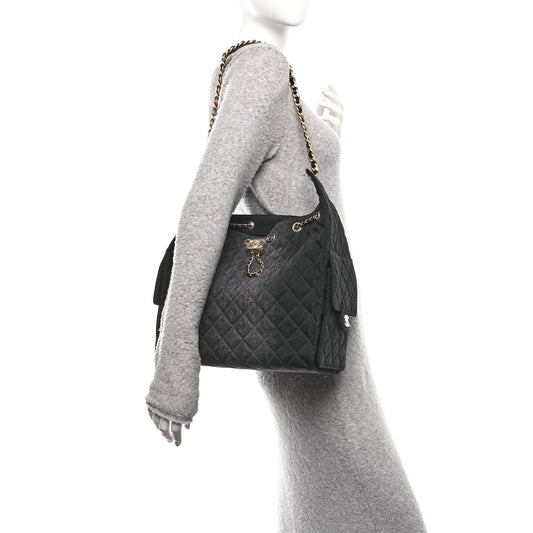 Washed Denim Quilted Medium Chanel 25 Handbag Black