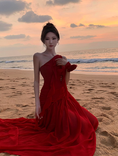 Fairy red off-shoulder dress with slim waist and long swing chiffon dress for holiday R1743