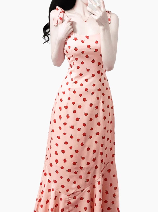 2025 Summer New Pink Floral Rose French Fishtail Long Suspender Dress R0956