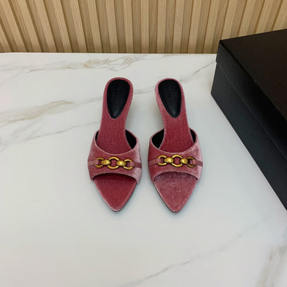 SL CHAIN ATTACH HEELED MULES BLUSH PINK VELVET