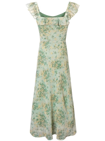 2025 Summer New Green Floral French Tea Break Seaside Vacation Long Dress R0975