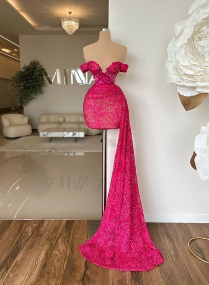 Rose red one-shoulder tube top waist hip sexy short skirt homecoming dress R4104