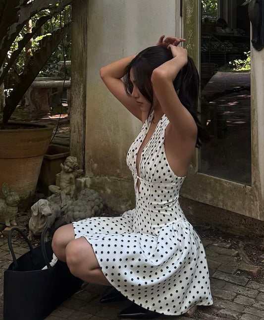 White Polka Dot Halter Neck Deep V Neck Sexy Waist A-Line Short Skirt Homecoming Dress R3841