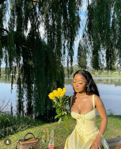 Pretty Yellow Satin Long Prom Dress Formal Evening Dresses