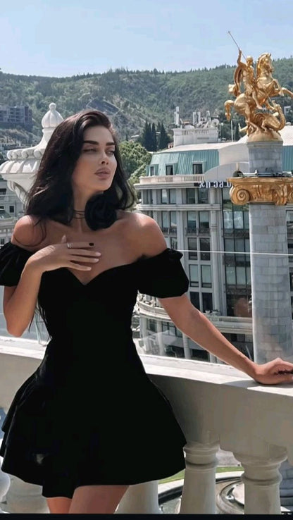 Black one-shoulder A-line slim mini skirt homecoming dress R2419