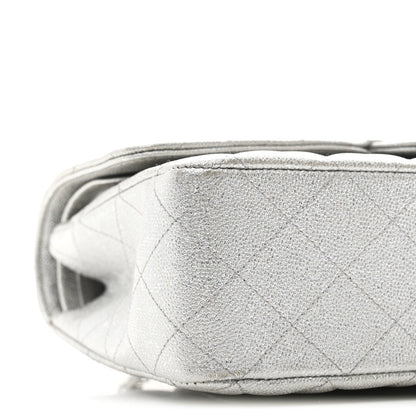 Glittered Metallic Caviar Quilted Medium Double Flap Silver
