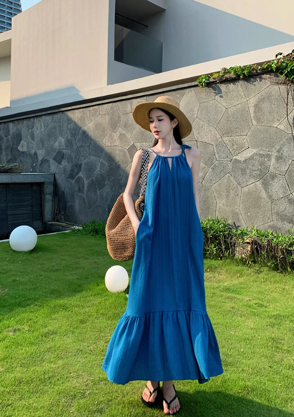 Bohemian retro blue white sling fishtail dress holiday style seaside beach dress sling dress long skirt R0196
