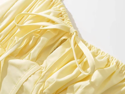 2025 Summer New Yellow Slit Sexy Waist Drawstring Holiday Suspender Dress R0938