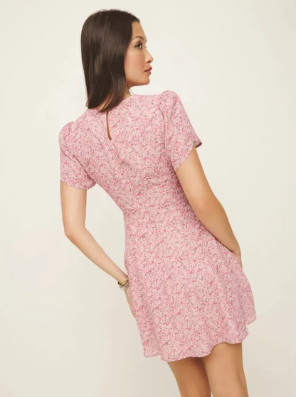 Dress Red Floral Chiffon French Style Retro Round Neck Slim Fit A-line Short Sleeve Dress R2929